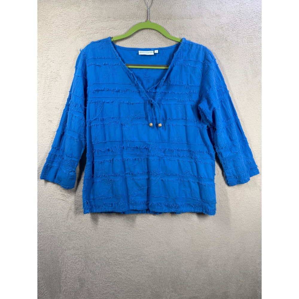Lulu-B Blouse Women S Blue Embroidered Raw Edge Tiered Cotton V-Neck Top